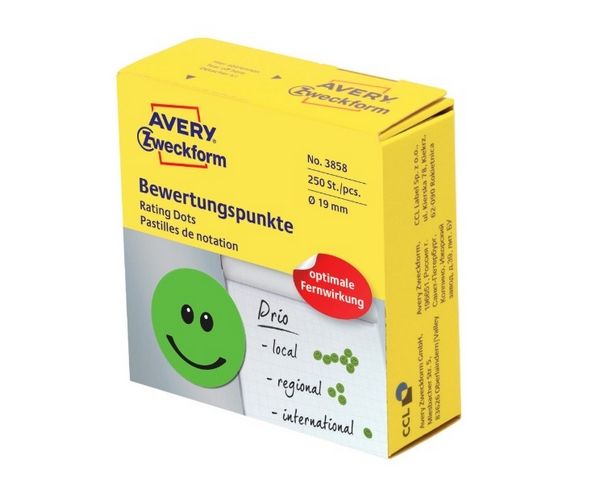 Etykieta, naklejka uśmiechnięta buźka 19mm (250szt) zielone 3858 Avery